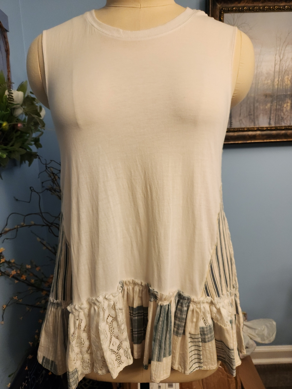 Pilcro Cream Sleeveless Tank with Patchwork Ruffle Hem